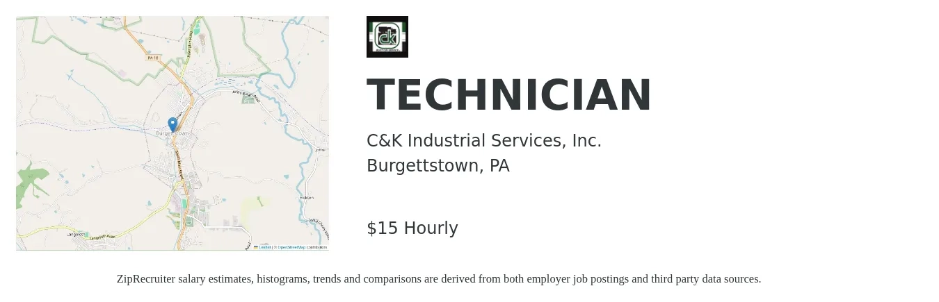 C&K Industrial Services, Inc. job posting for a TECHNICIAN in Burgettstown, PA with a salary of $16 Hourly with a map of Burgettstown location.