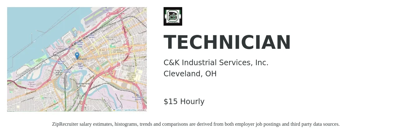 C&K Industrial Services, Inc. job posting for a TECHNICIAN in Cleveland, OH with a salary of $16 Hourly with a map of Cleveland location.