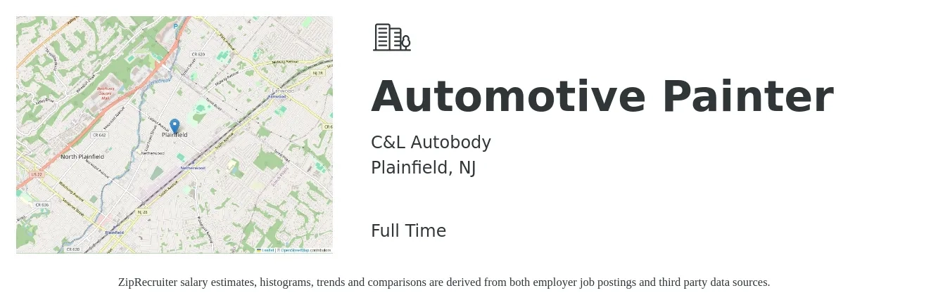 C&L Autobody job posting for a Automotive Painter in Plainfield, NJ with a salary of $100,000 Yearly with a map of Plainfield location.