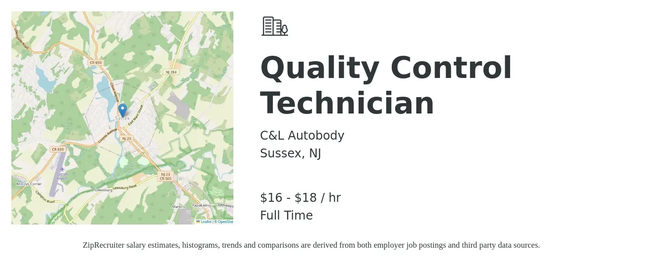 C&L Autobody job posting for a Quality Control Technician in Sussex, NJ with a salary of $17 to $19 Hourly with a map of Sussex location.