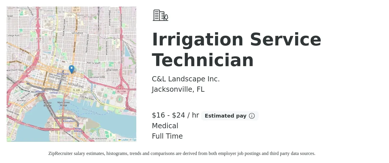 C&L Landscape Inc. job posting for a Irrigation Service Technician in Jacksonville, FL with a salary of $17 to $25 Hourly and benefits including medical with a map of Jacksonville location.