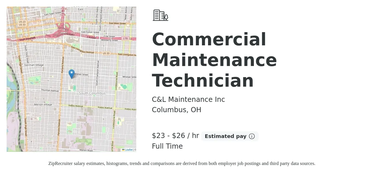 C&L Maintenance, Inc. job posting for a Commercial Maintenance Technician in Columbus, OH with a salary of $24 to $28 Hourly with a map of Columbus location.
