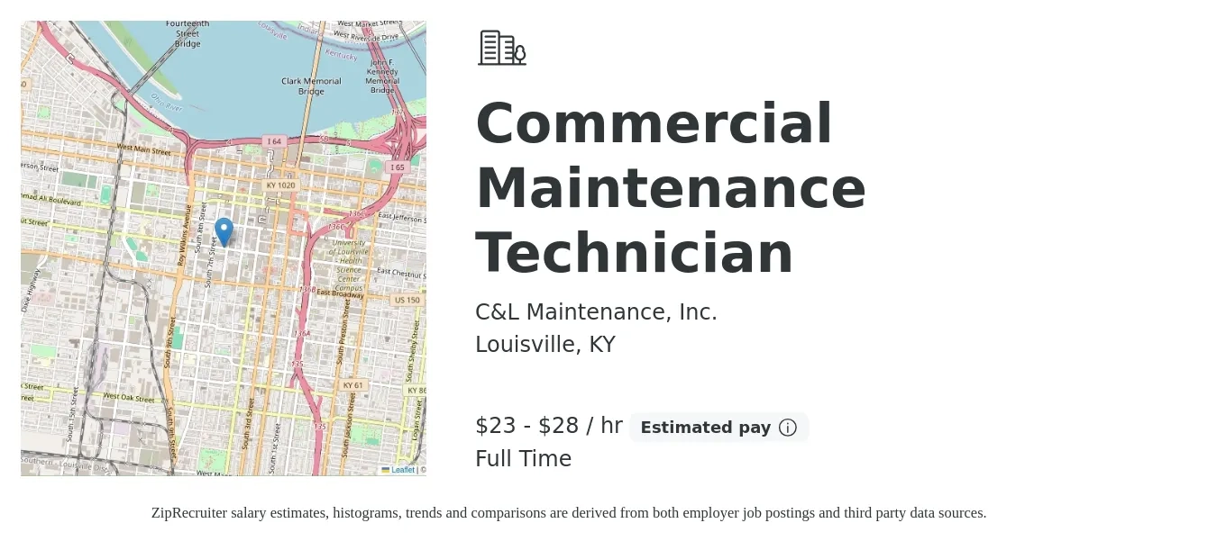 C&L Maintenance Inc job posting for a Commercial Maintenance Technician in Louisville, KY with a salary of $24 to $28 Hourly with a map of Louisville location.