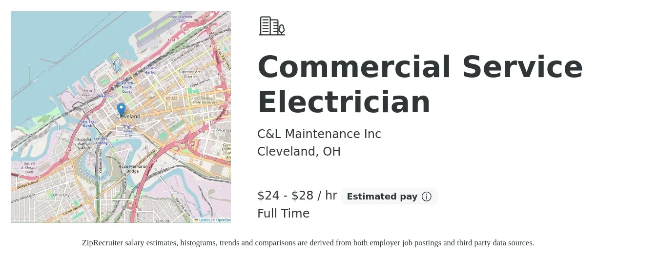C&L Maintenance Inc job posting for a Commercial Service Electrician in Cleveland, OH with a salary of $25 to $30 Hourly with a map of Cleveland location.