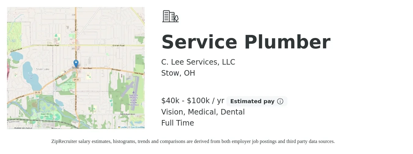 C. Lee Services, LLC job posting for a Service Plumber in Stow, OH with a salary of $40,000 to $100,000 Yearly and benefits including retirement, vision, dental, life_insurance, medical, and pto with a map of Stow location.