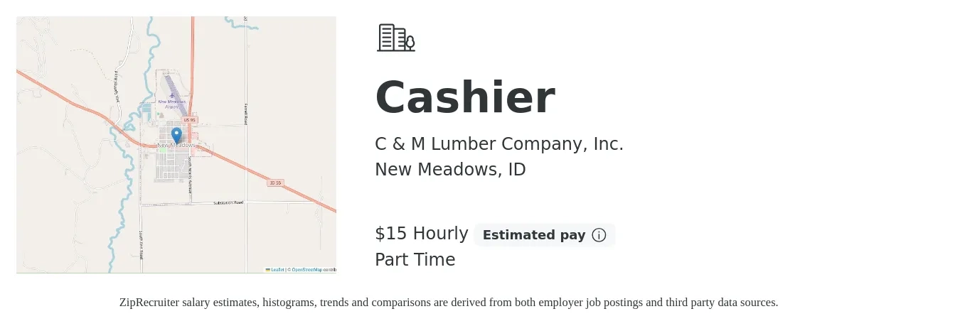 C & M Lumber Company, Inc. job posting for a Cashier in New Meadows, ID with a salary of $16 Hourly with a map of New Meadows location.