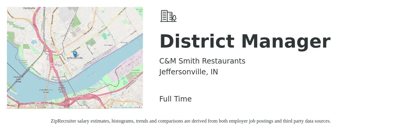C&M Smith Restaurants job posting for a District Manager in Jeffersonville, IN with a salary of $61,800 to $88,200 Yearly with a map of Jeffersonville location.