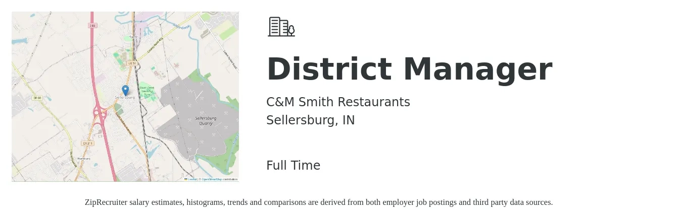 C&M Smith Restaurants job posting for a District Manager in Sellersburg, IN with a salary of $59,800 to $85,300 Yearly with a map of Sellersburg location.