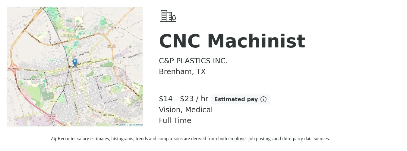 C&P PLASTICS INC. job posting for a CNC Machinist in Brenham, TX with a salary of $15 to $24 Hourly and benefits including medical, pto, and vision with a map of Brenham location.