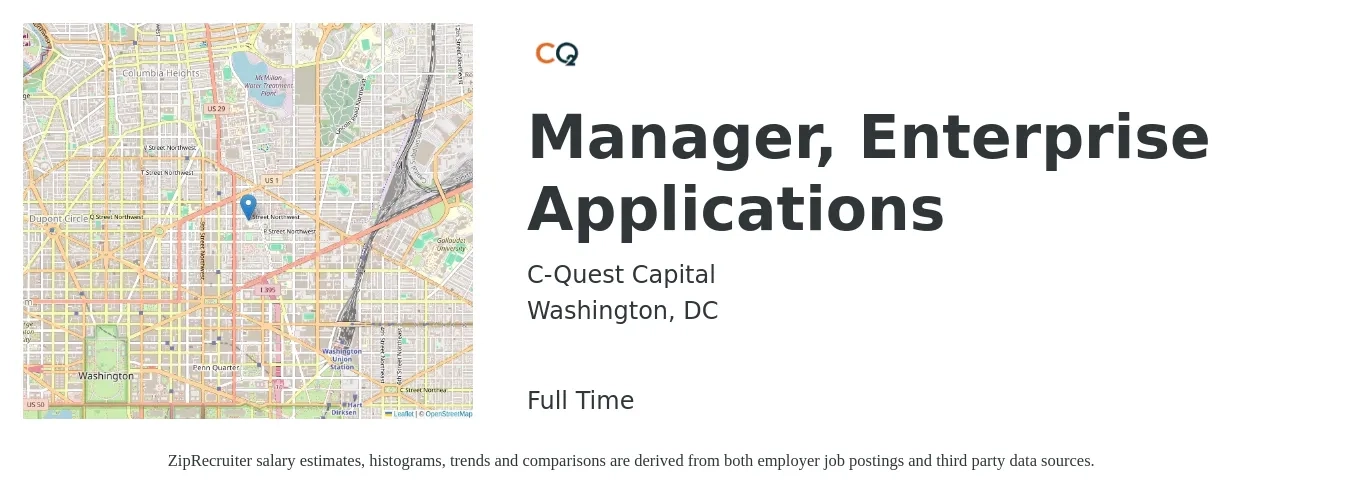 C-Quest Capital job posting for a Manager, Enterprise Applications in Washington, DC with a salary of $123,100 to $156,400 Yearly with a map of Washington location.
