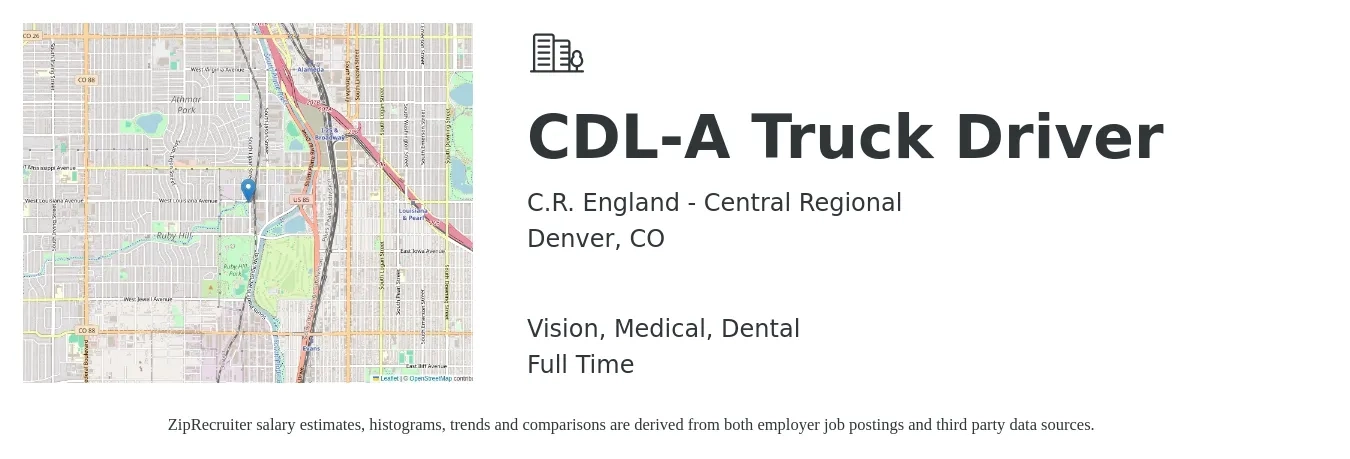 C.R. England - Central Regional job posting for a CDL-A Truck Driver in Denver, CO with a salary of $57,000 to $79,000 Yearly and benefits including dental, medical, and vision with a map of Denver location.