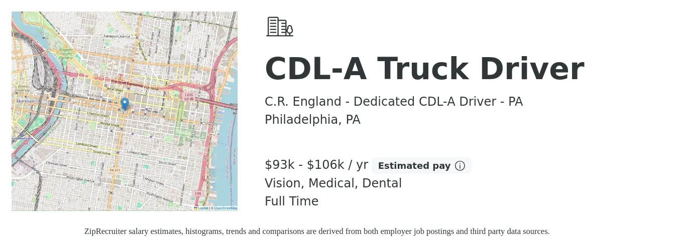 C.R. England - Dedicated CDL-A Driver - PA job posting for a CDL-A Truck Driver in Philadelphia, PA with a salary of $101,000 to $108,000 Yearly and benefits including dental, medical, and vision with a map of Philadelphia location.
