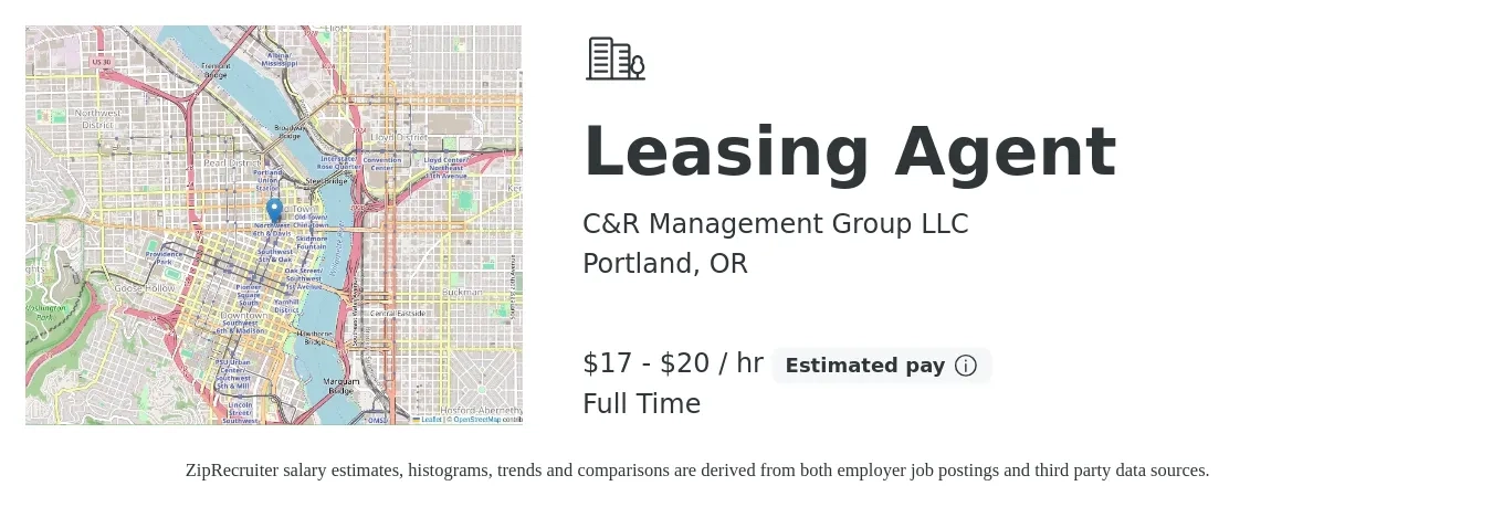 C&R Management Group LLC job posting for a Leasing Agent in Portland, OR with a salary of $18 to $21 Hourly with a map of Portland location.