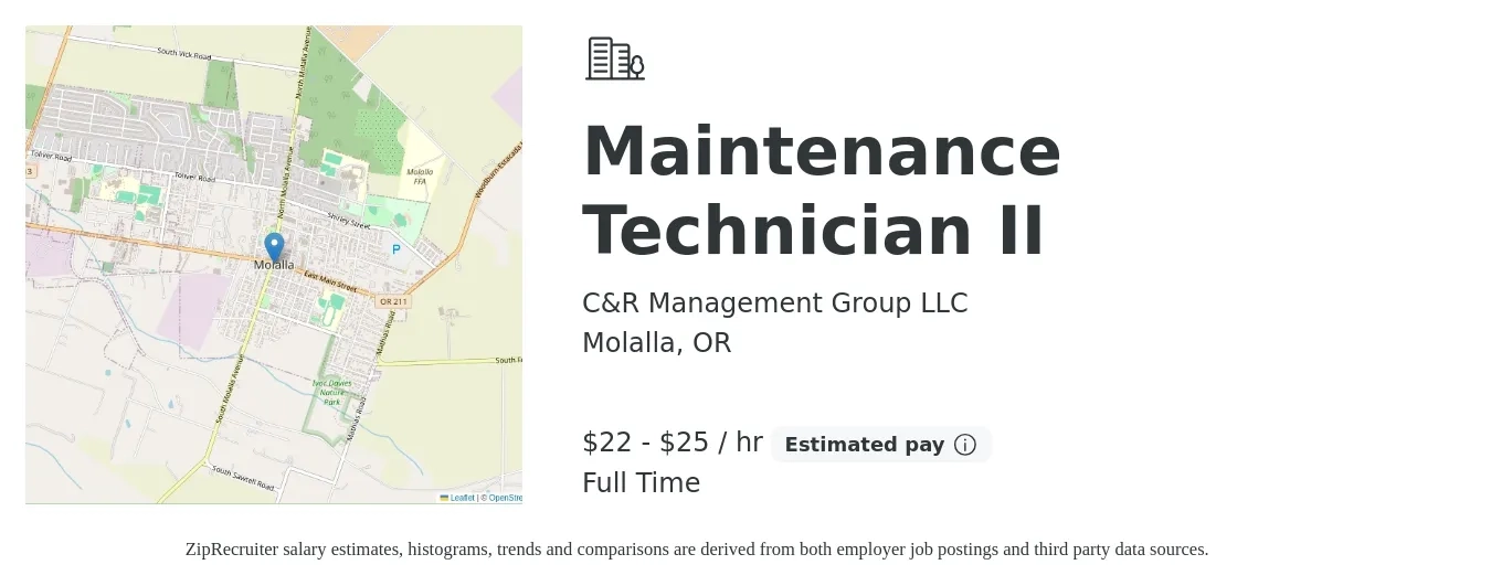 C&R Management Group LLC job posting for a Maintenance Technician II in Molalla, OR with a salary of $23 to $26 Hourly with a map of Molalla location.