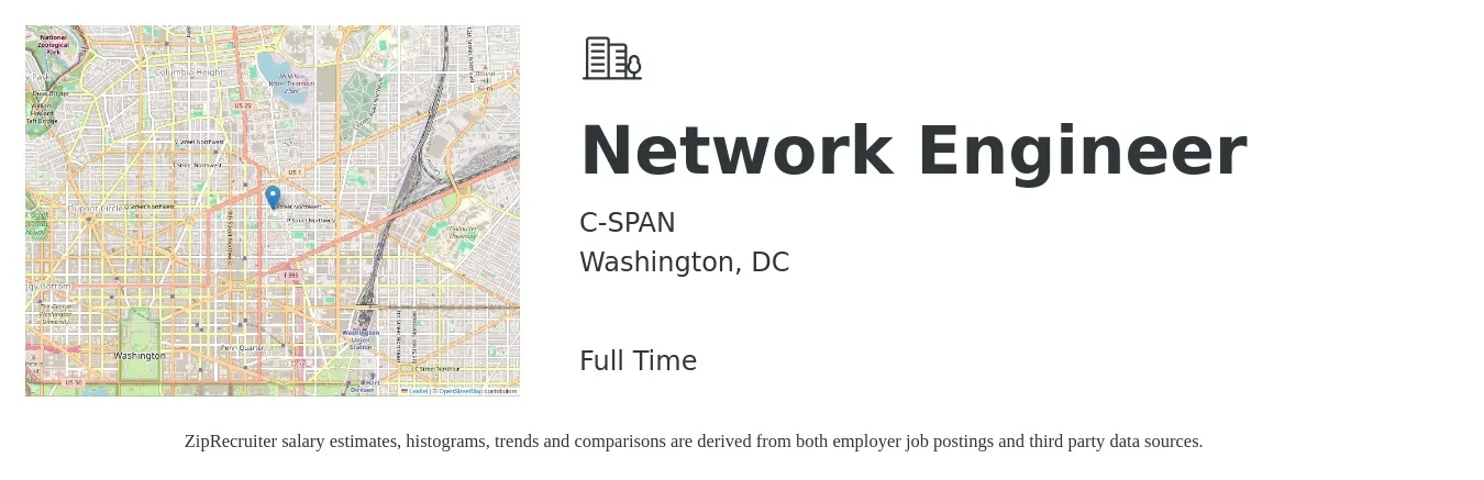 C-SPAN job posting for a Network Engineer in Washington, DC with a salary of $100,800 to $151,200 Yearly with a map of Washington location.