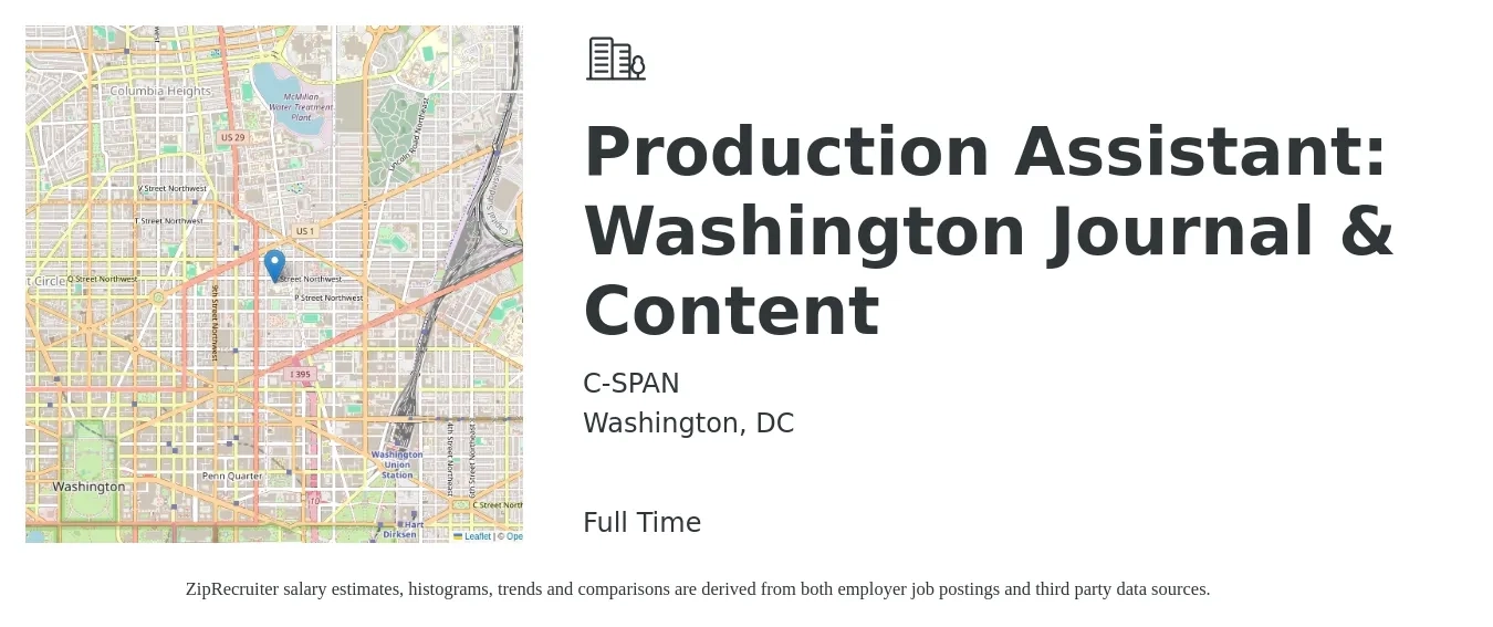 C-SPAN job posting for a Production Assistant: Washington Journal & Content in Washington, DC with a salary of $18 to $24 Hourly with a map of Washington location.