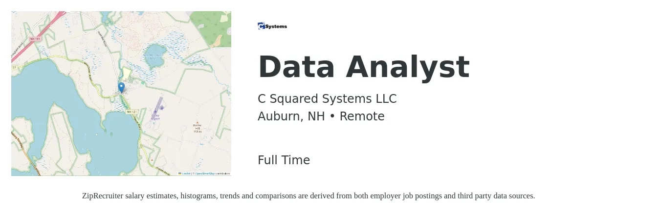 C Squared Systems LLC job posting for a Data Analyst in Auburn, NH with a salary of $63,700 to $98,900 Yearly with a map of Auburn location.