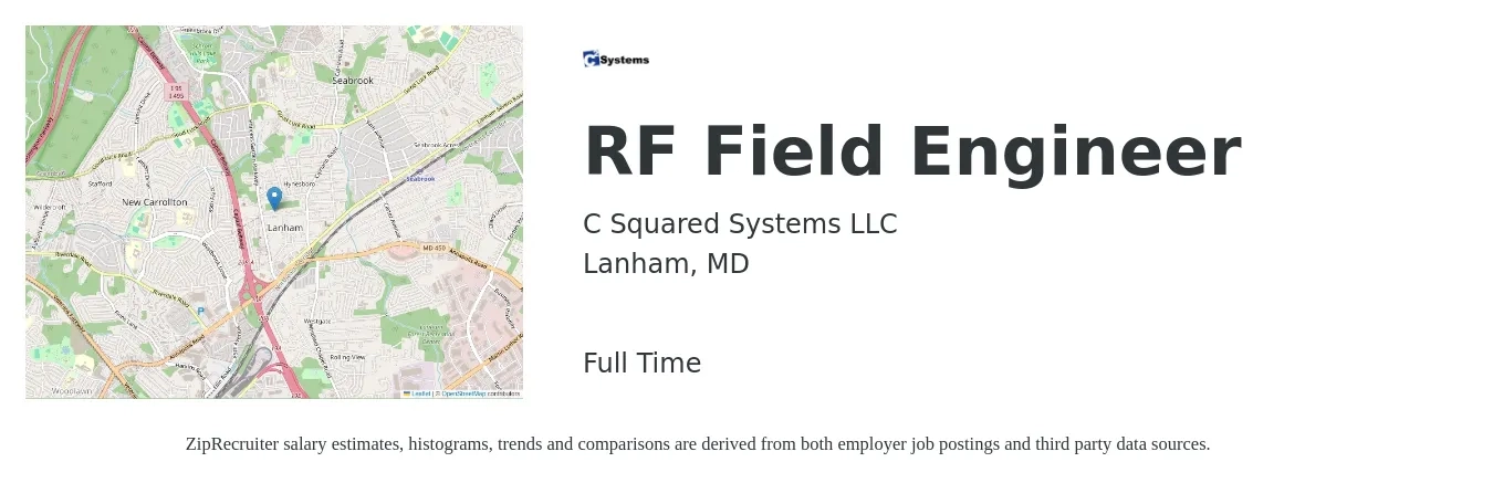 C Squared Systems LLC job posting for a RF Field Engineer in Lanham, MD with a salary of $97,300 to $138,700 Yearly with a map of Lanham location.