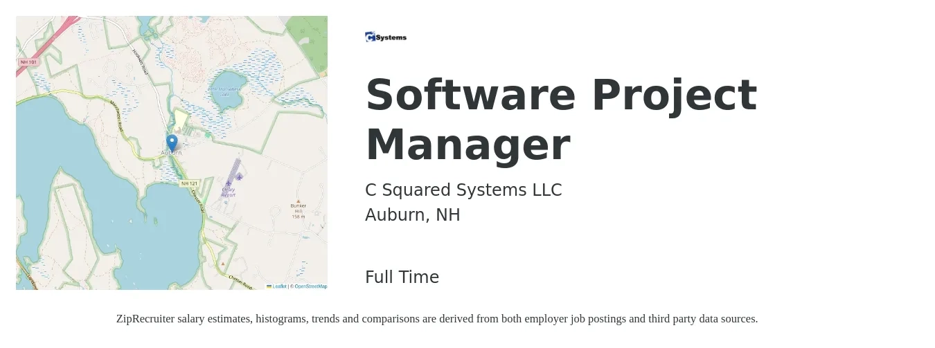 C Squared Systems LLC job posting for a Software Project Manager in Auburn, NH with a salary of $78,000 to $114,700 Yearly with a map of Auburn location.