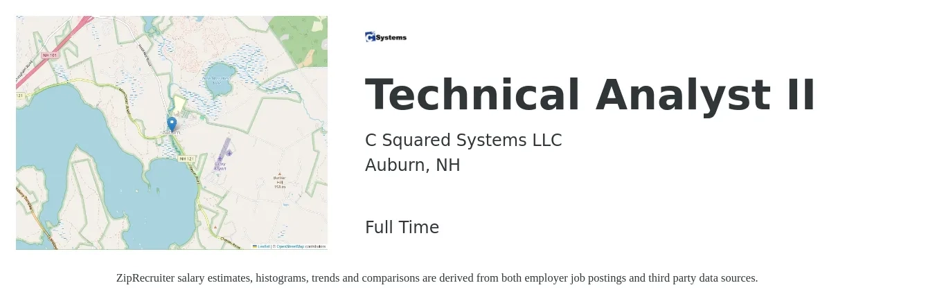 C Squared Systems LLC job posting for a Technical Analyst II in Auburn, NH with a salary of $68,800 to $102,400 Yearly with a map of Auburn location.