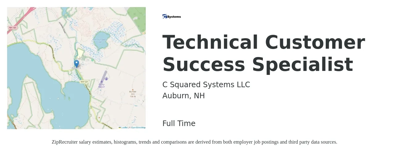 C Squared Systems LLC job posting for a Technical Customer Success Specialist in Auburn, NH with a salary of $18 to $26 Hourly with a map of Auburn location.