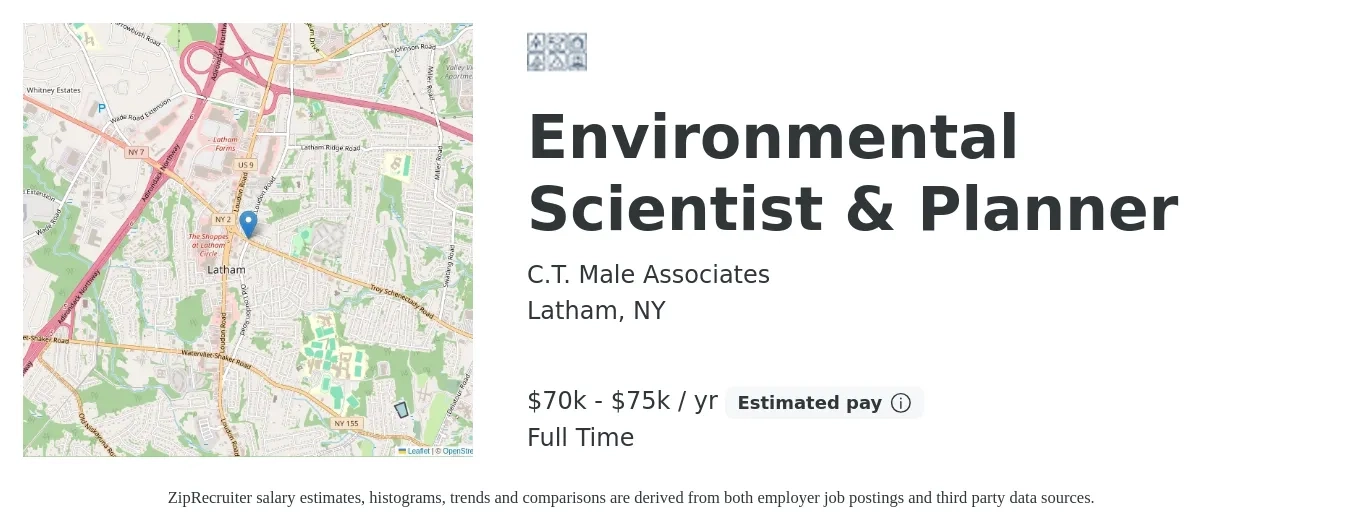 C.T. Male Associates job posting for a Environmental Scientist & Planner in Latham, NY with a salary of $70,000 to $75,000 Yearly with a map of Latham location.