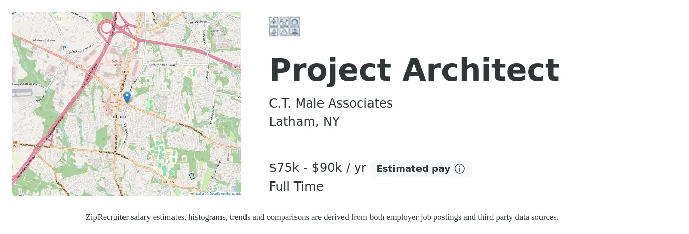 C.T. Male Associates job posting for a Project Architect in Latham, NY with a salary of $75,000 to $90,000 Yearly with a map of Latham location.