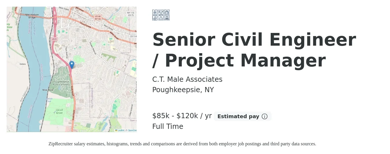 C.T. Male Associates job posting for a Senior Civil Engineer / Project Manager in Poughkeepsie, NY with a salary of $85,000 to $120,000 Yearly with a map of Poughkeepsie location.
