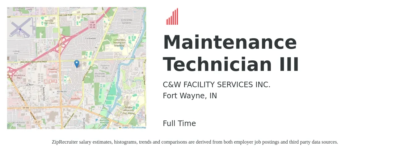 C&W FACILITY SERVICES INC. job posting for a Maintenance Technician III in Fort Wayne, IN with a salary of $19 to $26 Hourly with a map of Fort Wayne location.