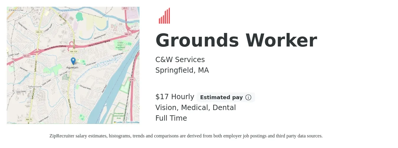 C&W Services job posting for a Grounds Worker in Springfield, MA with a salary of $18 Hourly and benefits including dental, life_insurance, medical, pto, retirement, and vision with a map of Springfield location.