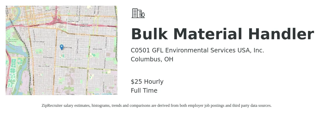 C0501 GFL Environmental Services USA, Inc. job posting for a Bulk Material Handler in Columbus, OH with a salary of $26 Hourly with a map of Columbus location.
