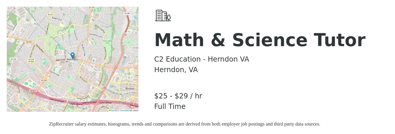 C2 Education - Herndon VA job posting for a Math & Science Tutor in Herndon, VA with a salary of $27 to $31 Hourly with a map of Herndon location.