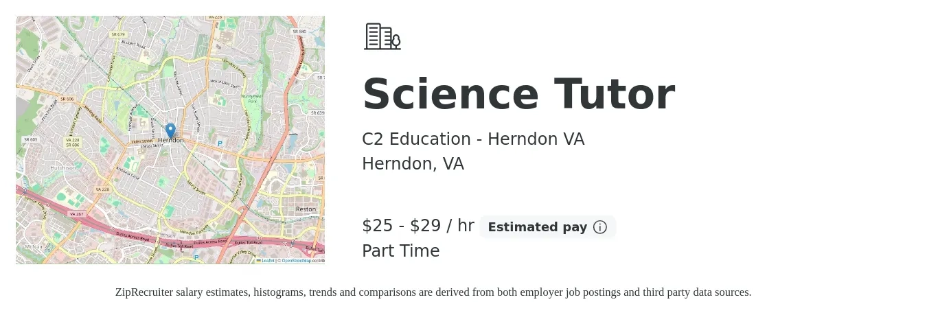 C2 Education - Herndon VA job posting for a Science Tutor in Herndon, VA with a salary of $27 to $31 Hourly with a map of Herndon location.