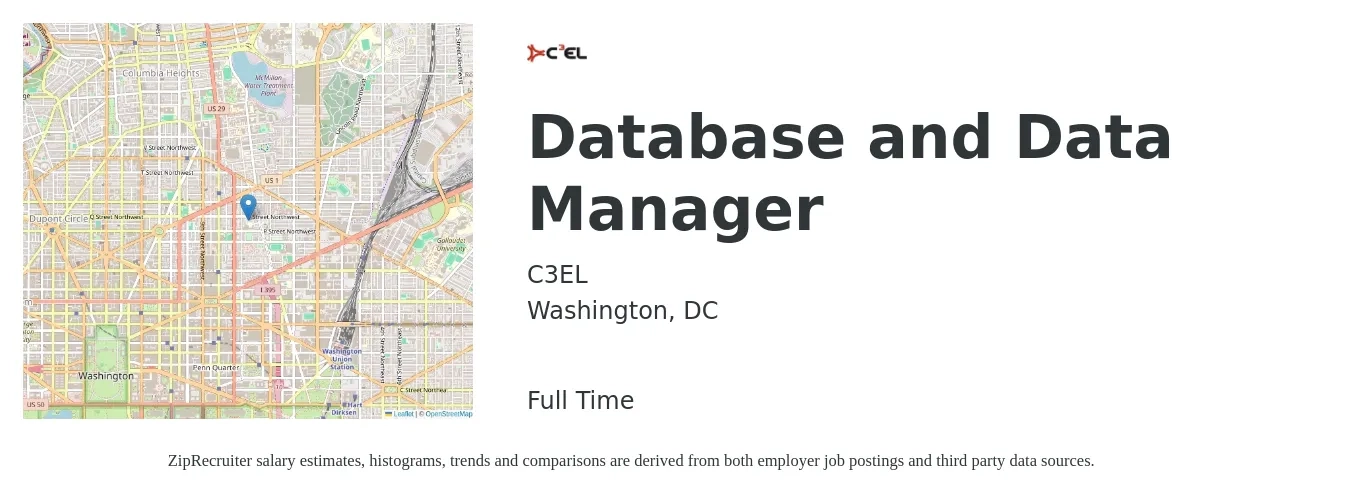 C3EL job posting for a Database and Data Manager in Washington, DC with a salary of $74,800 to $142,100 Yearly with a map of Washington location.
