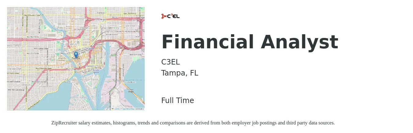 C3EL job posting for a Financial Analyst in Tampa, FL with a salary of $66,200 to $104,400 Yearly with a map of Tampa location.