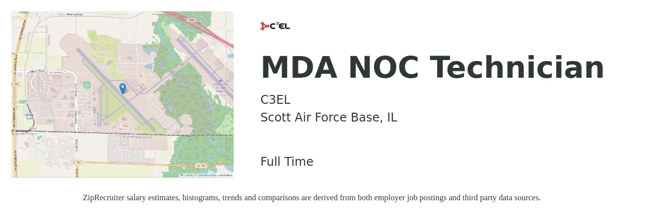 C3EL job posting for a MDA NOC Technician in Scott Air Force Base, IL with a salary of $19 to $30 Hourly with a map of Scott Air Force Base location.