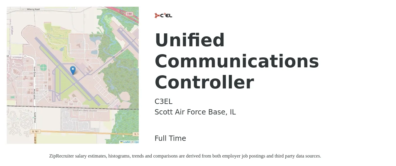 C3EL job posting for a Unified Communications Controller in Scott Air Force Base, IL with a salary of $43 to $65 Hourly with a map of Scott Air Force Base location.