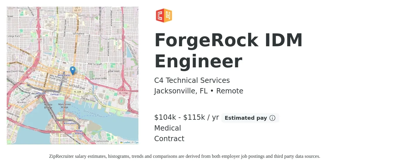 C4 Technical Services job posting for a ForgeRock IDM Engineer in Jacksonville, FL with a salary of $104,000 to $115,000 Yearly and benefits including medical with a map of Jacksonville location.