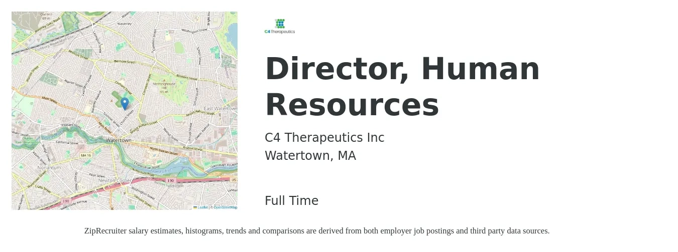 C4 Therapeutics Inc job posting for a Director, Human Resources in Watertown, MA with a salary of $96,300 to $148,500 Yearly with a map of Watertown location.