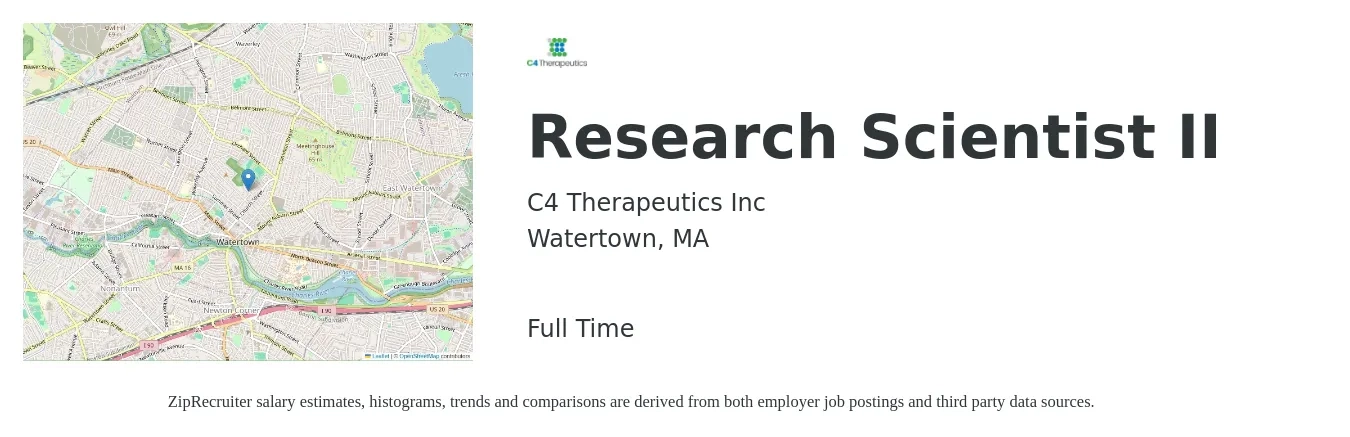 C4 Therapeutics Inc job posting for a Research Scientist II in Watertown, MA with a salary of $116,900 to $188,200 Yearly with a map of Watertown location.