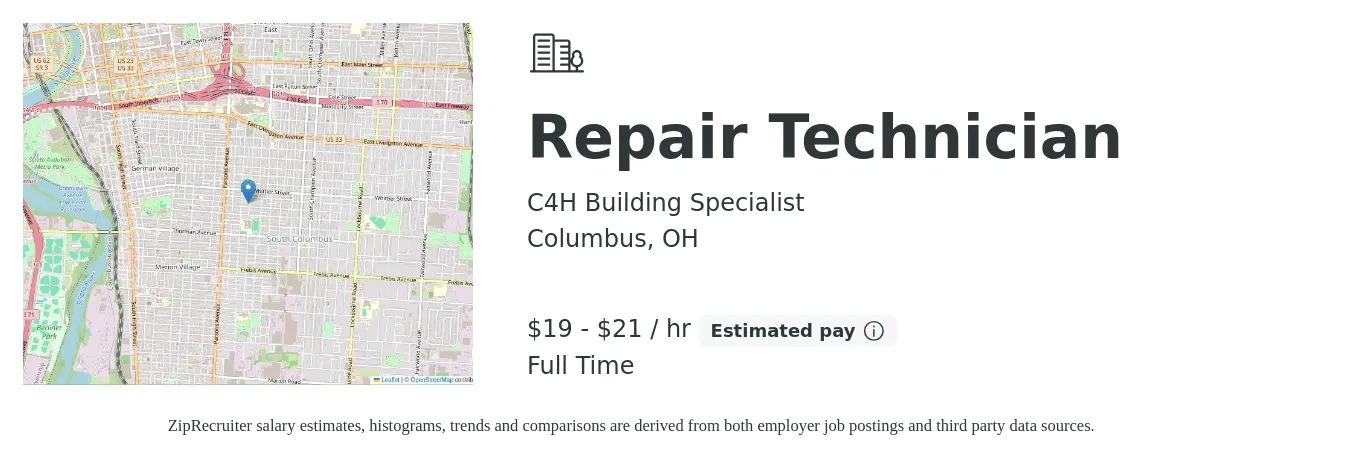 C4H Building Specialist job posting for a Repair Technician in Columbus, OH with a salary of $20 to $22 Hourly and benefits including pto, and retirement with a map of Columbus location.