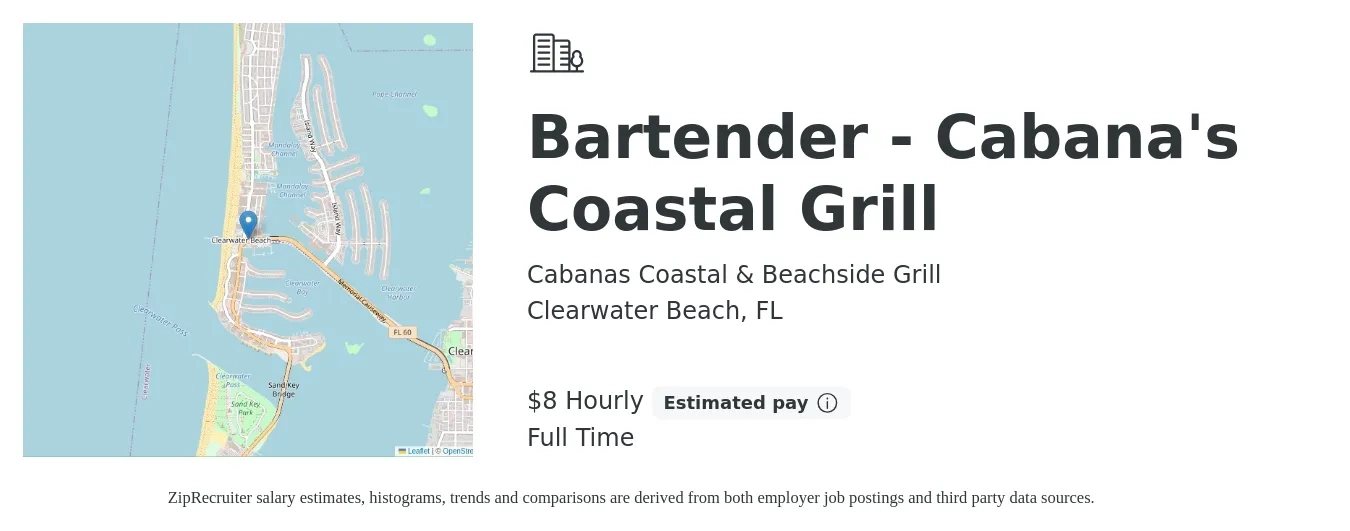 Cabanas Coastal & Beachside Grill job posting for a Bartender - Cabana's Coastal Grill in Clearwater Beach, FL with a salary of $9 Hourly with a map of Clearwater Beach location.