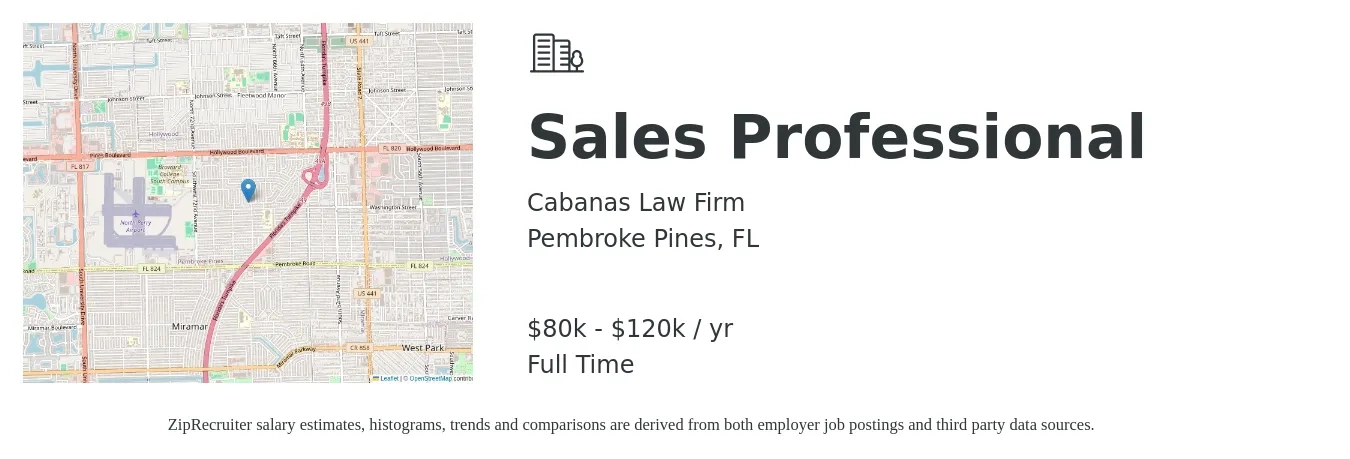 Cabanas Law Firm job posting for a Sales Professional in Pembroke Pines, FL with a salary of $80,000 to $120,000 Yearly with a map of Pembroke Pines location.