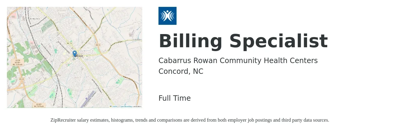 Cabarrus Rowan Community Health Centers job posting for a Billing Specialist in Concord, NC with a salary of $18 to $24 Hourly with a map of Concord location.