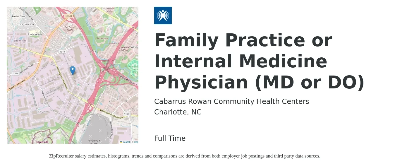 Cabarrus Rowan Community Health Centers job posting for a Family Practice or Internal Medicine Physician (MD or DO) in Charlotte, NC with a salary of $123,600 to $239,600 Yearly with a map of Charlotte location.