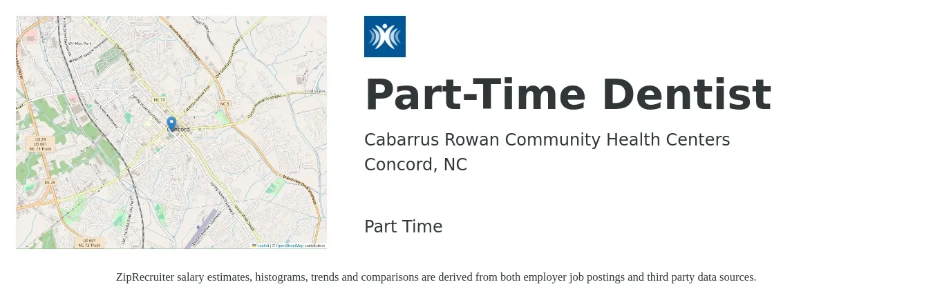 Cabarrus Rowan Community Health Centers job posting for a Part-Time Dentist in Concord, NC with a salary of $122,000 to $219,800 Yearly with a map of Concord location.