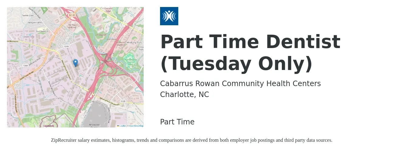 Cabarrus Rowan Community Health Centers job posting for a Part Time Dentist (Tuesday Only) in Charlotte, NC with a salary of $118,200 to $212,900 Yearly with a map of Charlotte location.