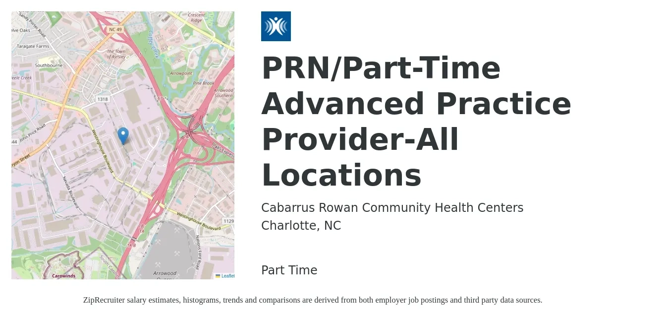 Cabarrus Rowan Community Health Centers job posting for a PRN/Part-Time Advanced Practice Provider-All Locations in Charlotte, NC with a salary of $104,400 to $135,100 Yearly with a map of Charlotte location.
