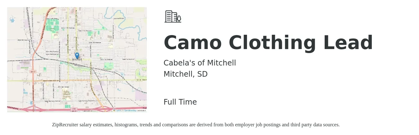 Cabela's of Mitchell job posting for a Camo Clothing Lead in Mitchell, SD with a map of Mitchell location.