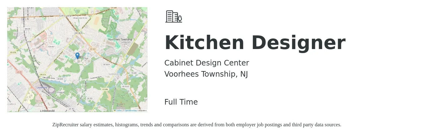Cabinet Design Center job posting for a Kitchen Designer in Voorhees Township, NJ with a salary of $24 Hourly with a map of Voorhees Township location.